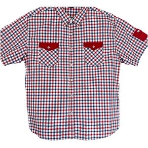 Vese XXL Men's Short Sleeve Shirt Red White Blue Plaid Pattern Pockets Western